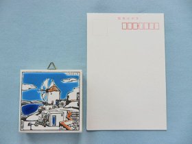 画像: 【ＳＯＬＤ　ＯＵＴ　ありがとうございました！】（ギリシャ雑貨）タイルの壁飾り（コースター・正方形）風車と街並み、そして流れる雲